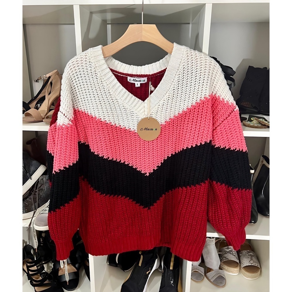 New! V Neck Pink Multi Puff Sleeve Oversized Chevron Sweater! - Picture 4 of 10